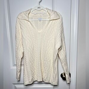 J Jill Womens Sweater Sz M petite Cable Knit V Neck Collar Long Sleeve Ivory‎